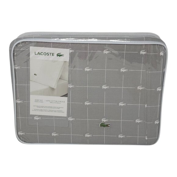Lacoste Full/Double Sheet Set 100% Cotton Percale Gray White Plaid - Picture 1 of 9
